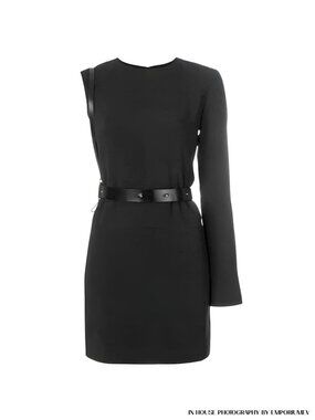 NWT Helmut Lang Black Cowhide Leather Harness Women Size 4 Unisleeve Mini Dress